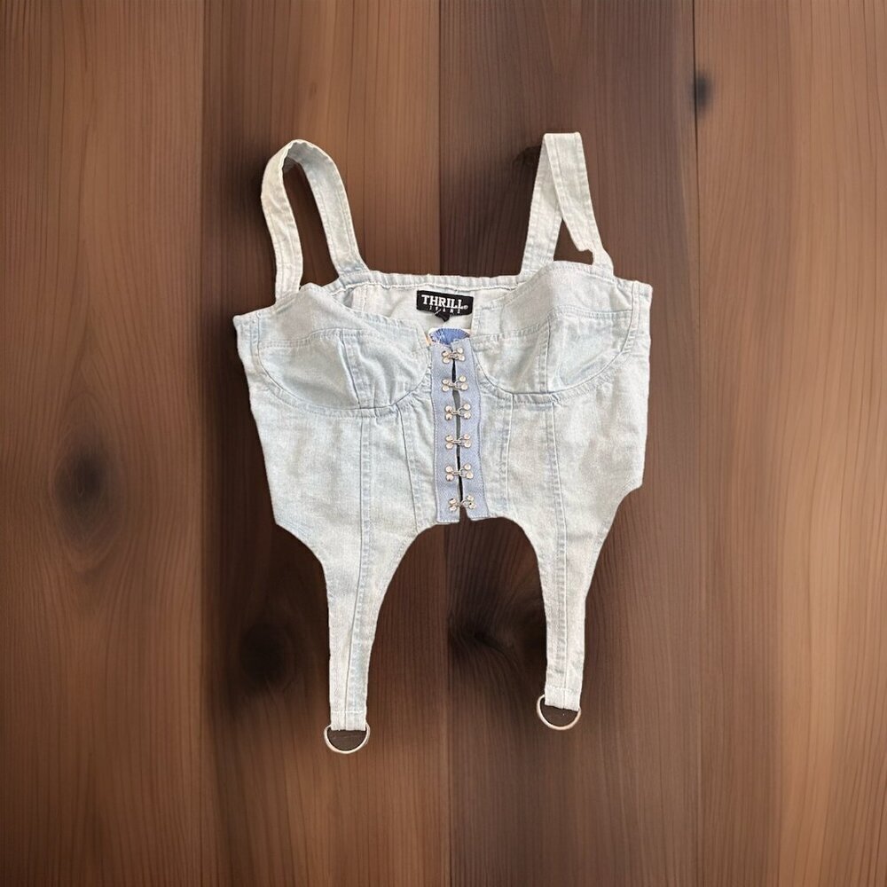 NEW Thrill Jeans CORSET BLUE Denim Bustier Hook Front Stretch Hang Ring STRAPS L